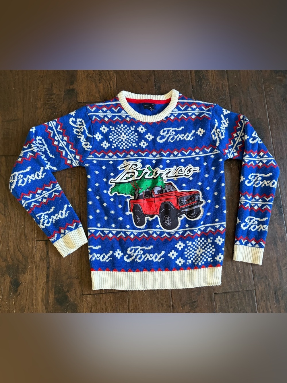 Ford Bronco Christmas Sweater Youth Large 14/16 Blue Fair Isle Holiday Knit